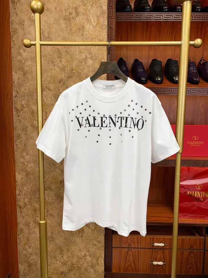 Valentino Round Neck Short Sleeve T Shirt with Letter Print and Sparkle Logo