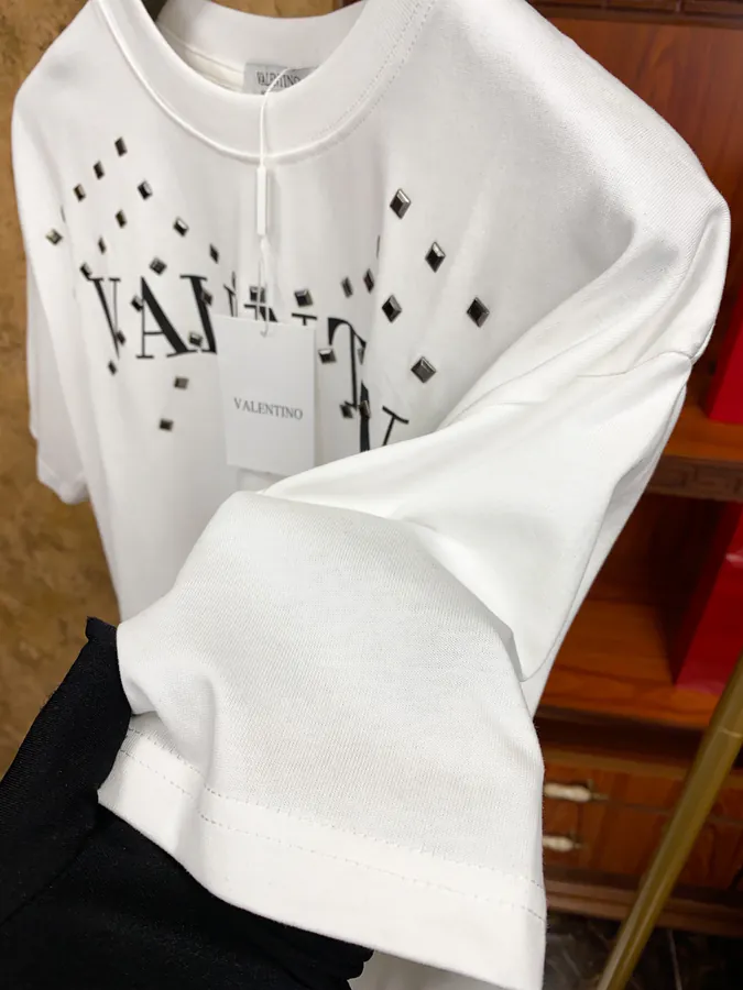Valentino Round Neck Short Sleeve T Shirt with Letter Print and Sparkle Logo