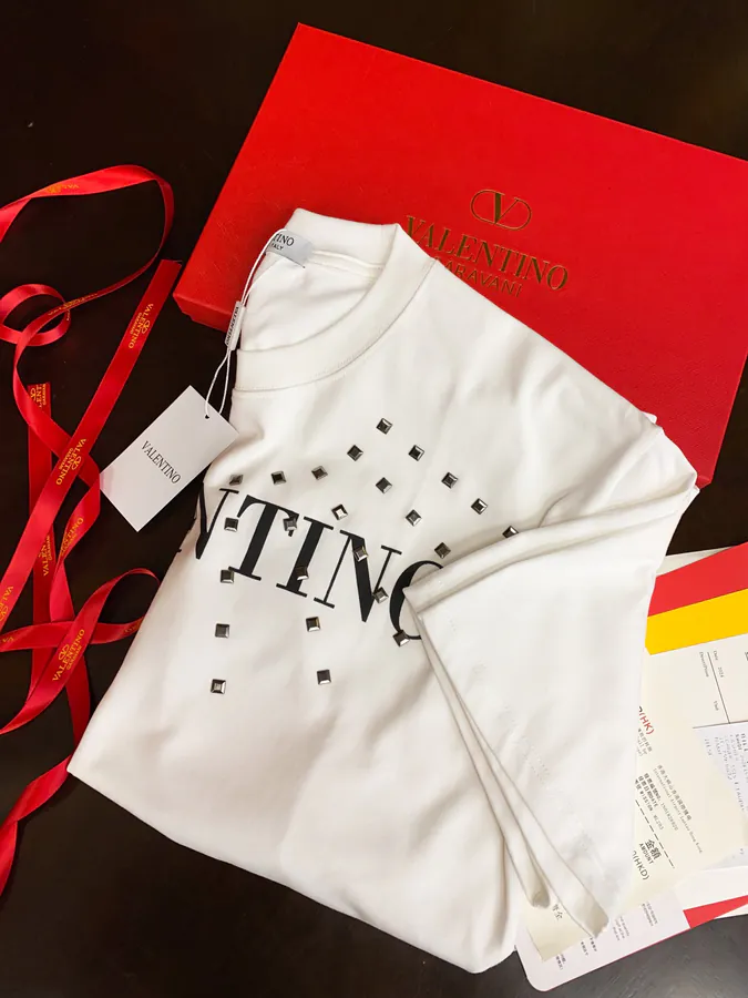 Valentino Round Neck Short Sleeve T Shirt with Letter Print and Sparkle Logo