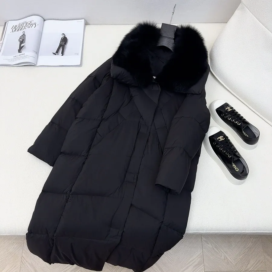 MaXMara Simple Hooded Fox Fur Collar Long Down Coat