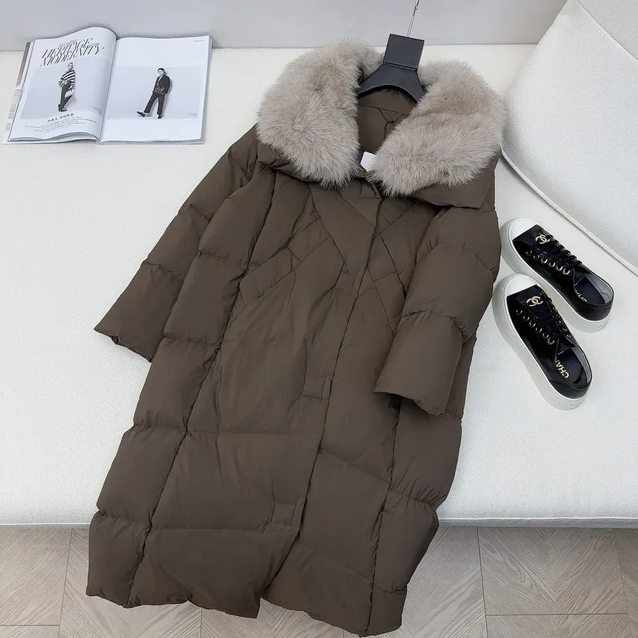MaXMara Simple Hooded Fox Fur Long Down Coat with Dust Bag