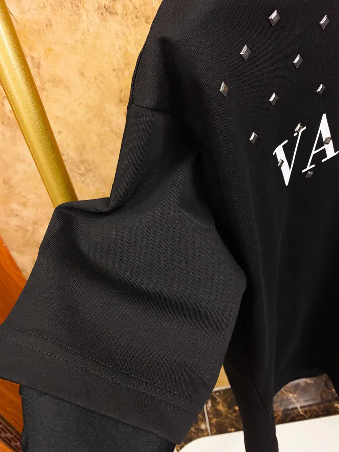 Valentino Round Neck Short Sleeve T Shirt with Letter Print and Sparkle Logo