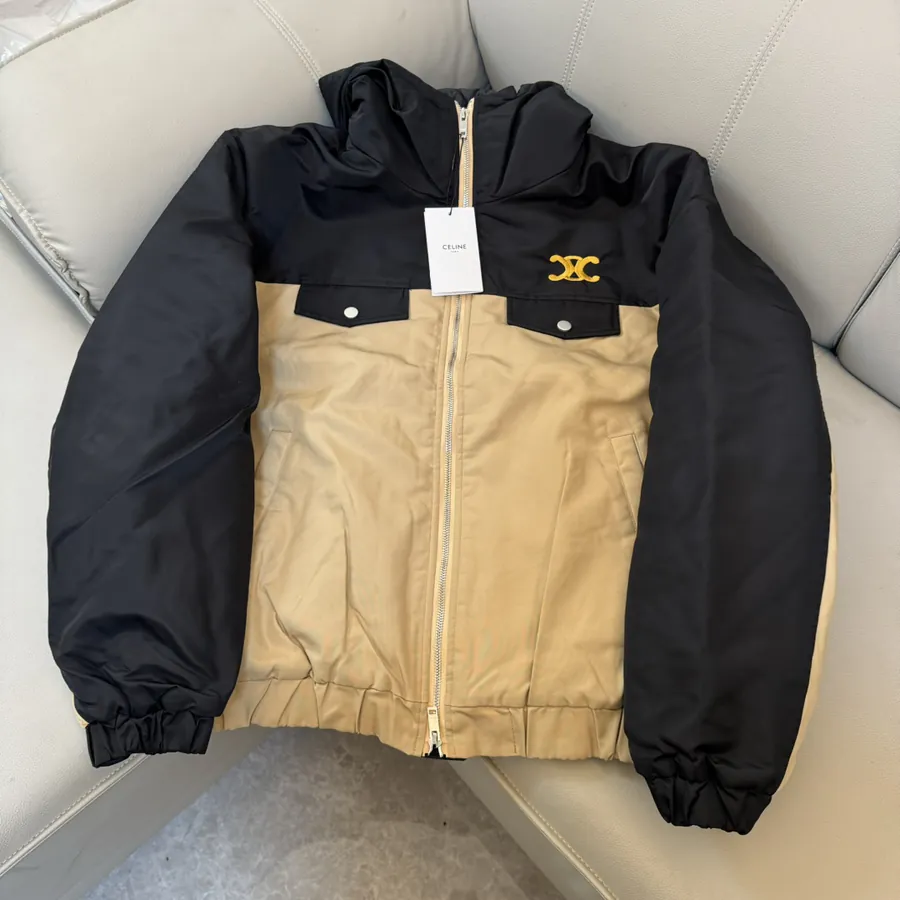 Celine Winter Coat with Front Zip Pocket and Letter Embroidery