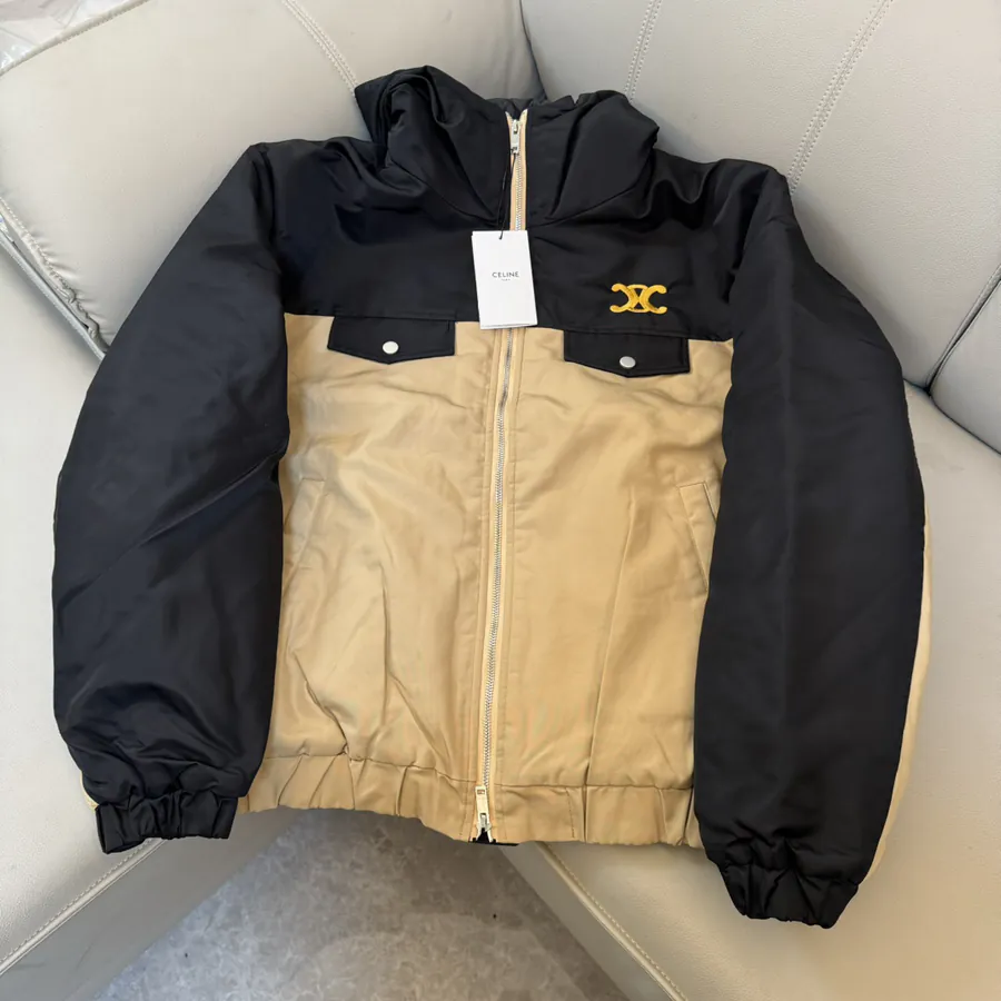 Celine Winter Coat with Front Zip Pocket and Letter Embroidery