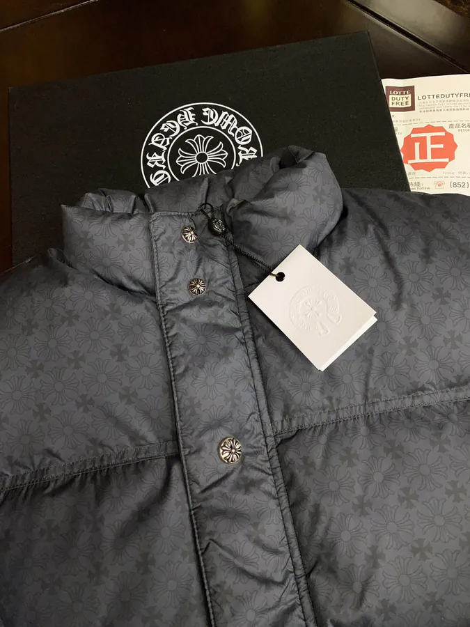 Premium Down Jacket Come Hearts, Dark Pattern Silver Button, Custom Made Black Gray Fabric