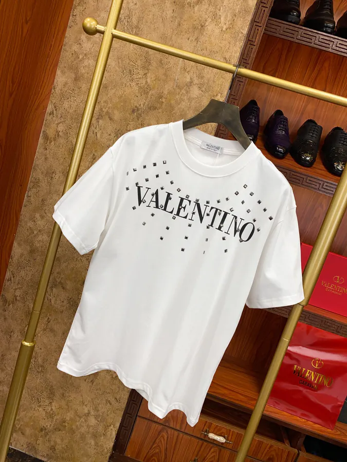 Valentino Round Neck Short Sleeve T Shirt with Letter Print and Sparkle Logo