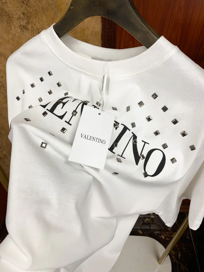 Valentino Round Neck Short Sleeve T Shirt with Letter Print and Sparkle Logo