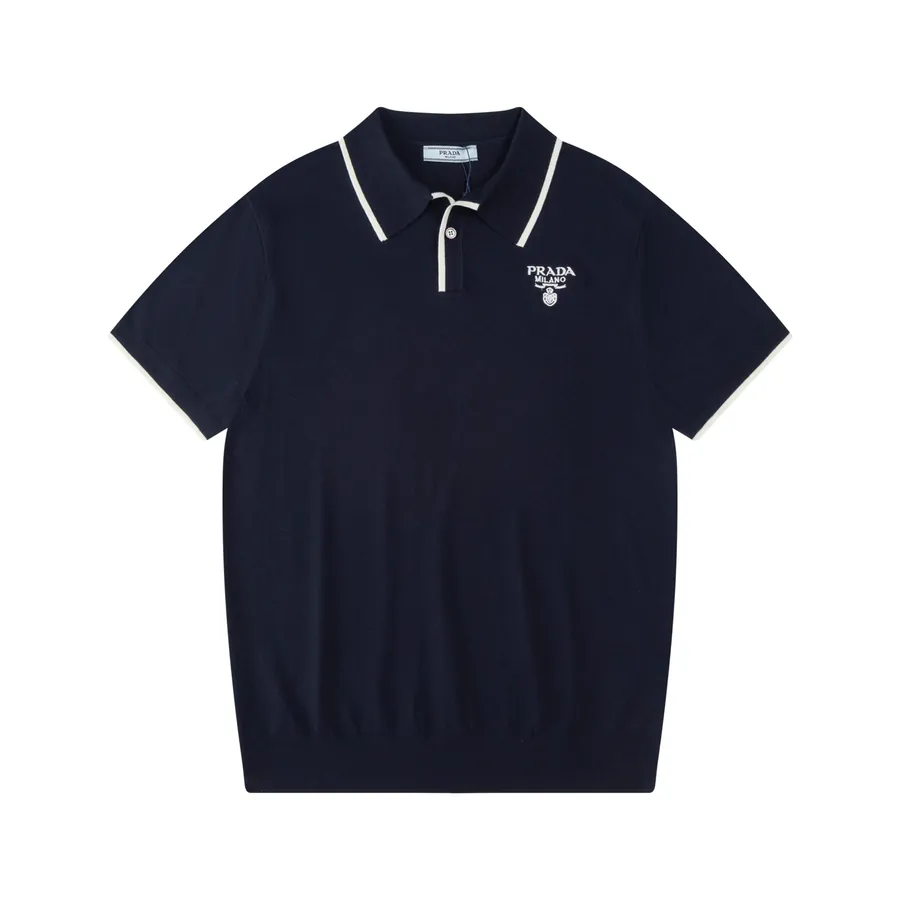 PRAD@ Summer New Knit Stretch Collar T shirt, Men's Fashion Contrast Seam Triangle Logo Lightweight Breathable Polo Shirt