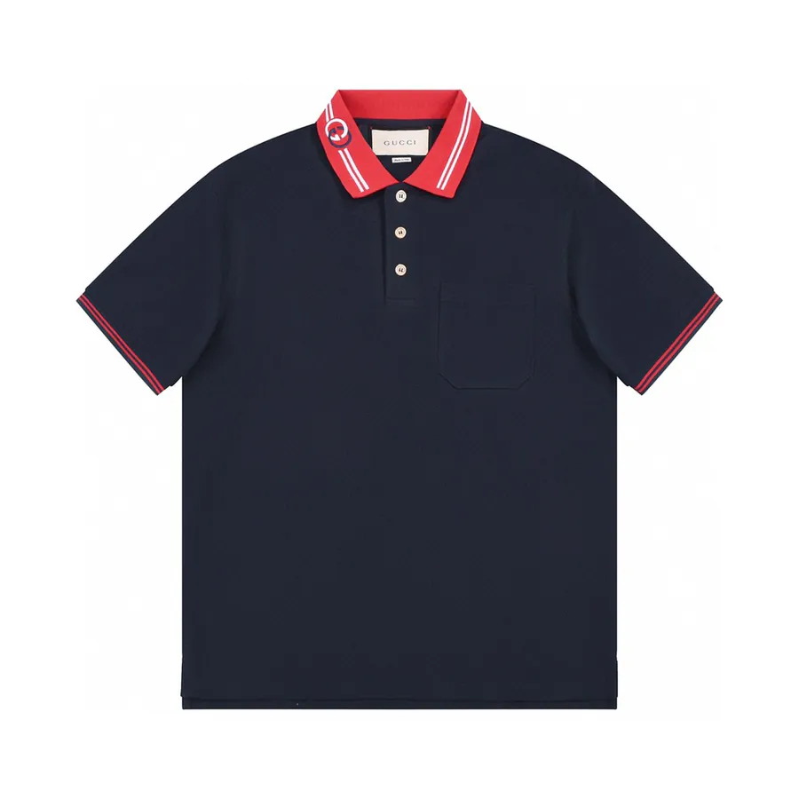 Gucci Double G Polo Shirt Navy Blue with Red and Blue Trim
