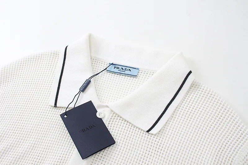 PRAD 25SS Spring Summer New Embroidered Fashion Cotton Blend Mesh镂空 Knit Cotton Crewneck Short Sleeve