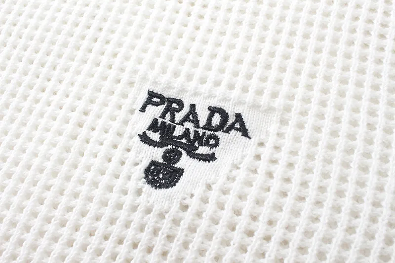 PRAD 25SS Spring Summer New Embroidered Fashion Cotton Blend Mesh镂空 Knit Cotton Crewneck Short Sleeve