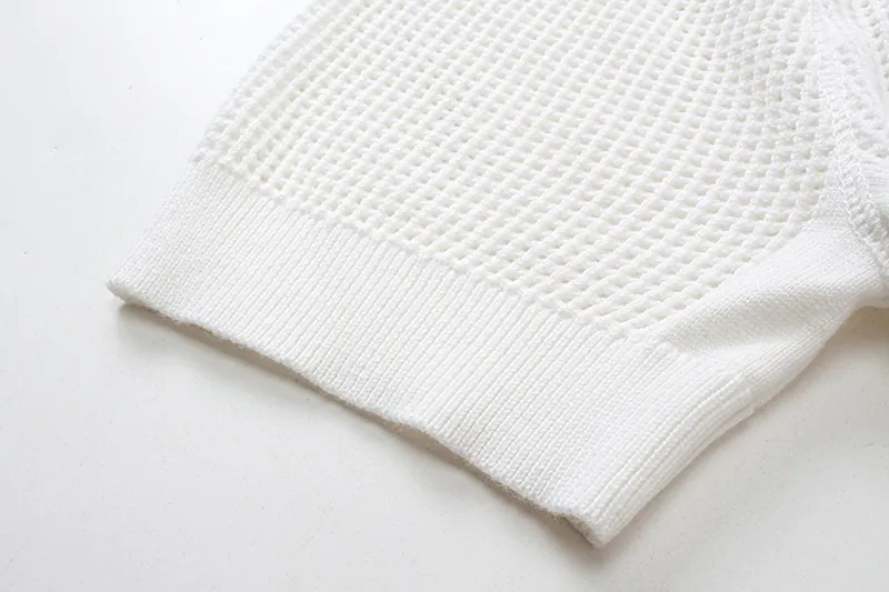 PRAD 25SS Spring Summer New Embroidered Fashion Cotton Blend Mesh镂空 Knit Cotton Crewneck Short Sleeve