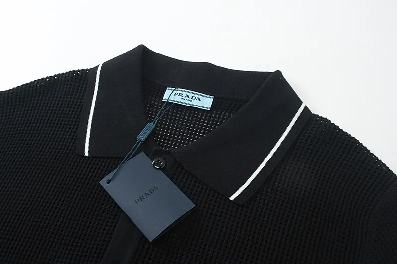 PRAD 25SS Spring Summer New Embroidered Fashion Cotton Blend Mesh镂空 Knit Shirt
