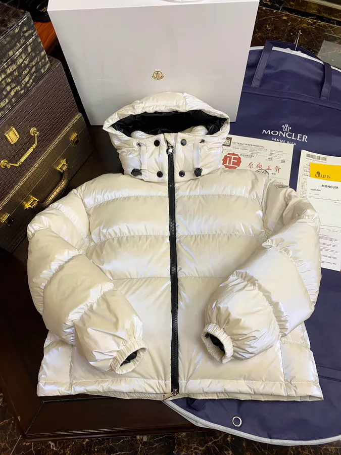 Moncler Ladies Short Winter Down Jacket with Pearl Shine White
