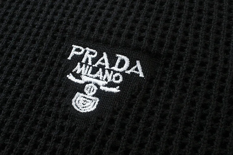 PRAD@ 25SS Spring Summer New Embroidered Fashion Cotton Blend Mesh镂空 Knit Cotton Crewneck Short Sleeve