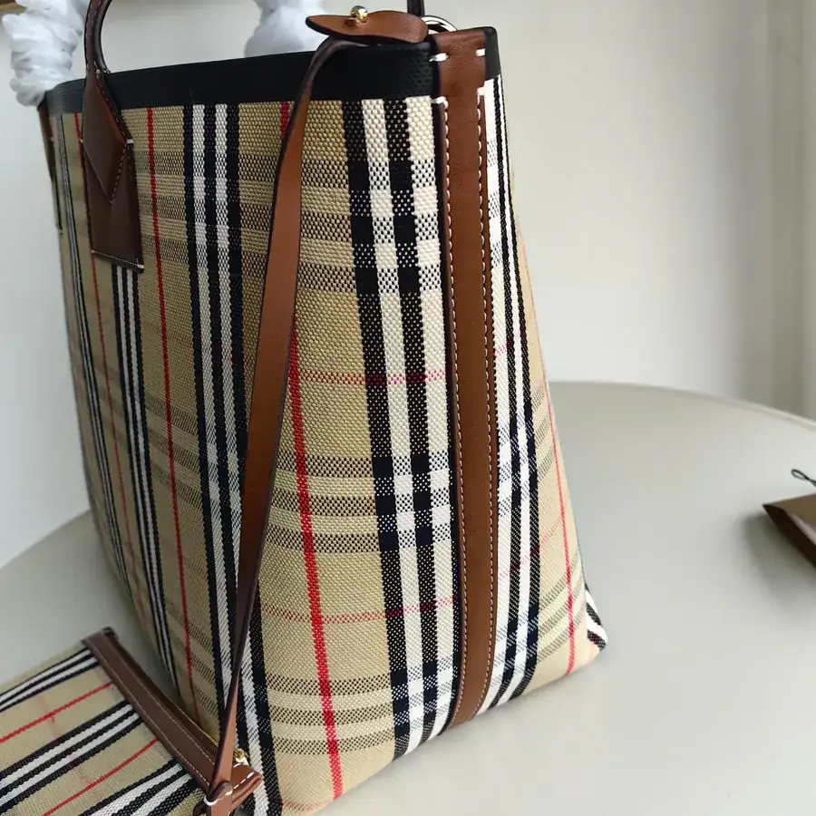 B House Top Tier Medium Bucket Bag with Cotton Canvas and Burgrain Pattern