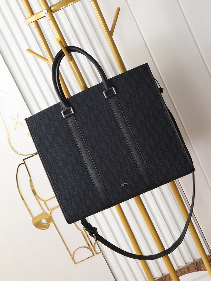 East West Handbag Black Grained Calfskin and Oblique Print
