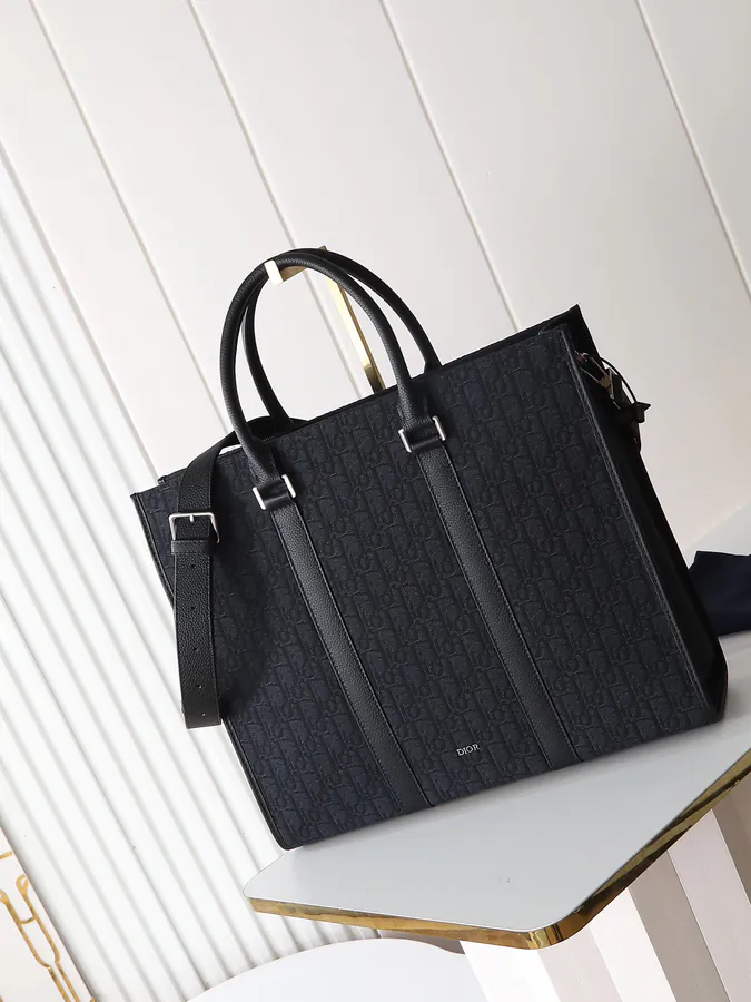 East West Handbag Black Grained Calfskin and Oblique Print