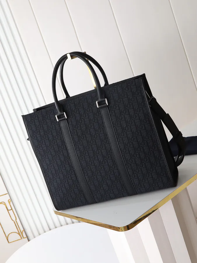 East West Handbag Black Grained Calfskin and Oblique Print