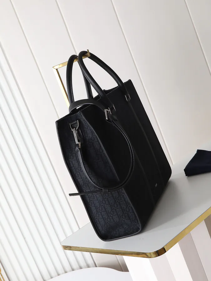 East West Handbag Black Grained Calfskin and Oblique Print