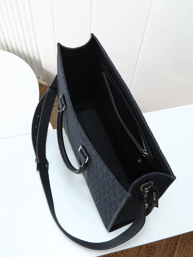 East West Handbag Black Grained Calfskin and Oblique Print
