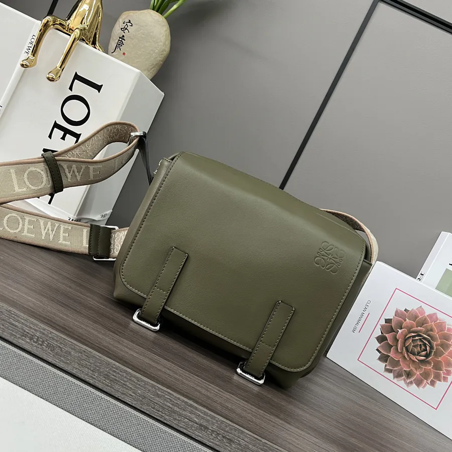 Loewe 2022 New Soft Smooth Leather and Jacquard Canvas Military Messenger Bag