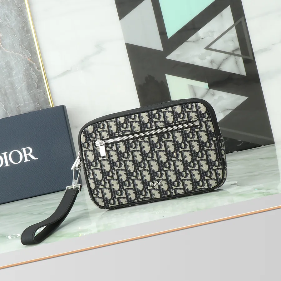DIOR Travel Cosmetic Bag with Leather Trim and Oblique Print
