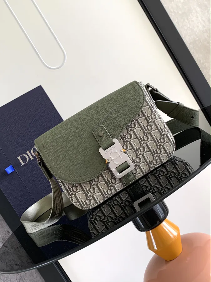 Small Saddle Messenger Bag with Flip Closure Khaki Oblique Print
