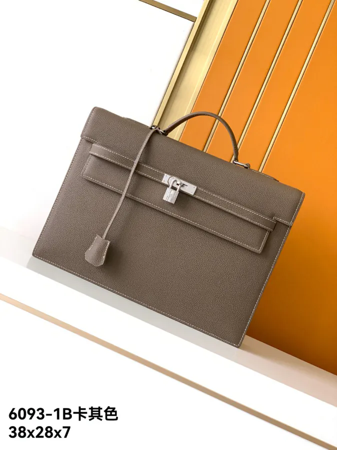New Briefcase 6093 1B, Khaki Color, Premium Full Grain Italian Calfskin