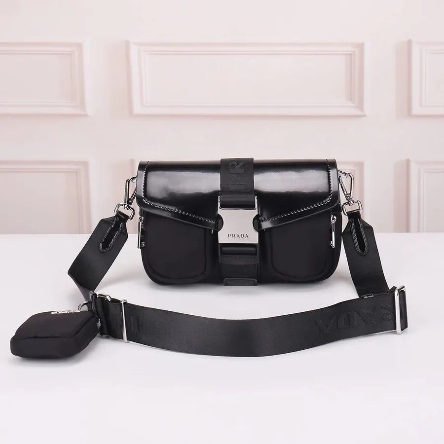 PRADA Motorcycle Shoulder Bag with Premium Leather and Waterproof Nylon