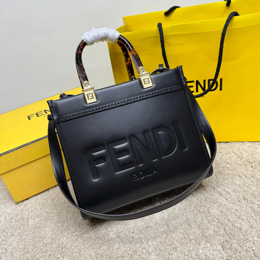 Sunshine Mini Tote Black Leather with FENDI ROMA Embroidery