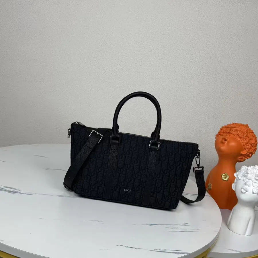 Dior Weekender 25 Handbag Black Grained Calfskin and Oblique Print