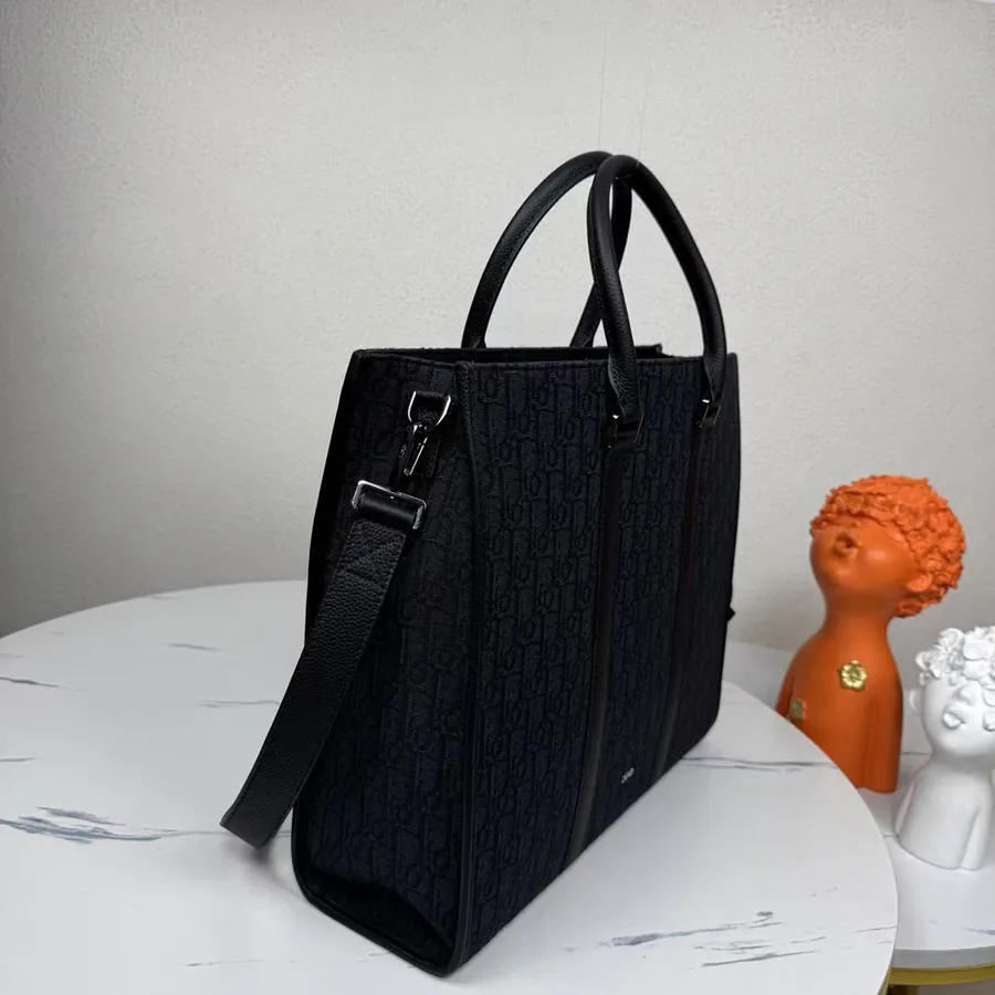 East West Handbag Black Oblique Print and Grained Calfskin