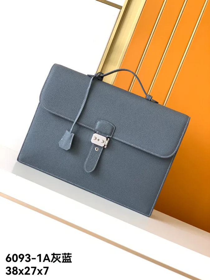 New Business Bag 6093 1A, Gray Blue, Premium Leather