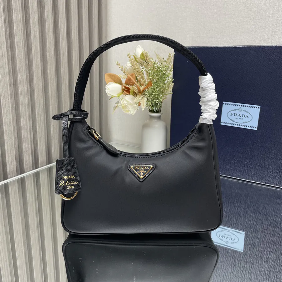 Prada Gold Hardware Hobo Trendy Nylon Shoulder Bag for Women