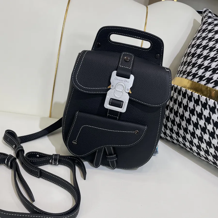 Dio Oblique Mini Saddle Crossbody Bag in Black Grained Calfskin