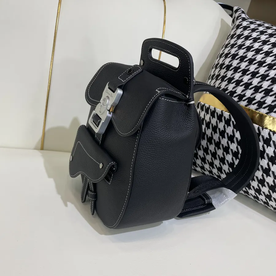 Dio Oblique Mini Saddle Crossbody Bag in Black Grained Calfskin