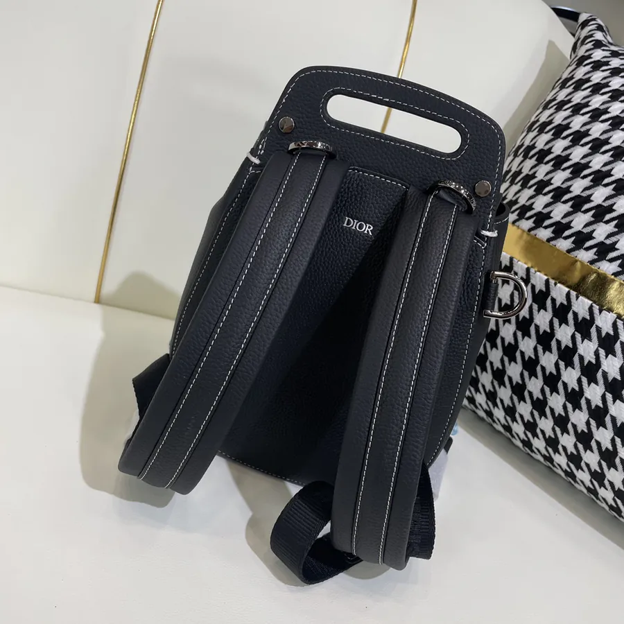 Dio Oblique Mini Saddle Crossbody Bag in Black Grained Calfskin