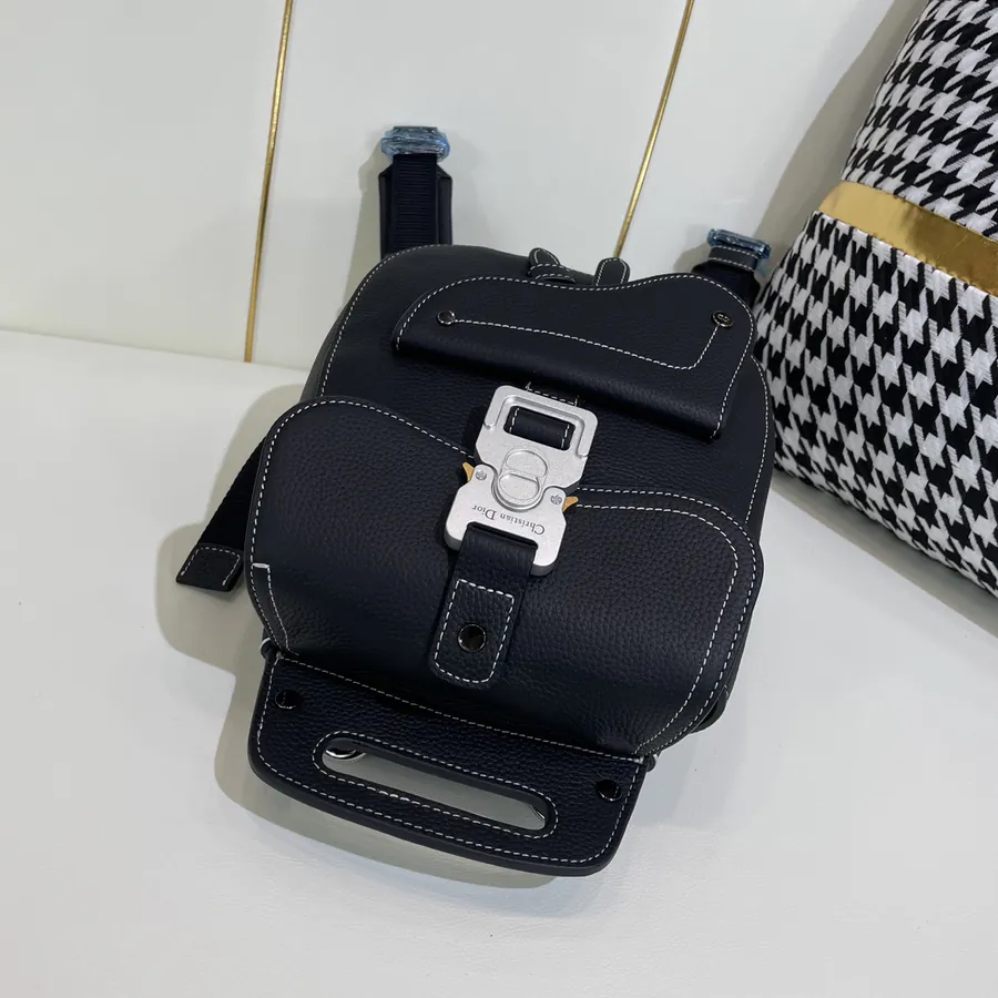 Dio Oblique Mini Saddle Crossbody Bag in Black Grained Calfskin