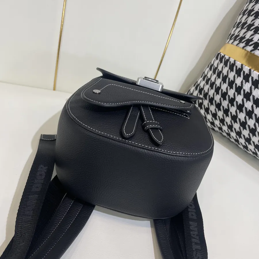 Dio Oblique Mini Saddle Crossbody Bag in Black Grained Calfskin