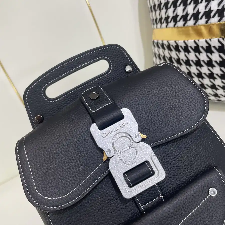 Dio Oblique Mini Saddle Crossbody Bag in Black Grained Calfskin
