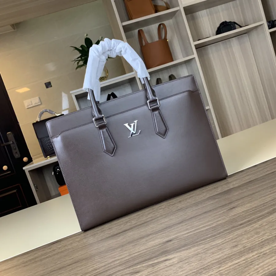 LV Premium Grained Calfskin Briefcase with Lock 2023 Trendy Design