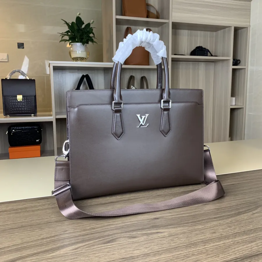 LV Premium Grained Calfskin Briefcase with Lock 2023 Trendy Design
