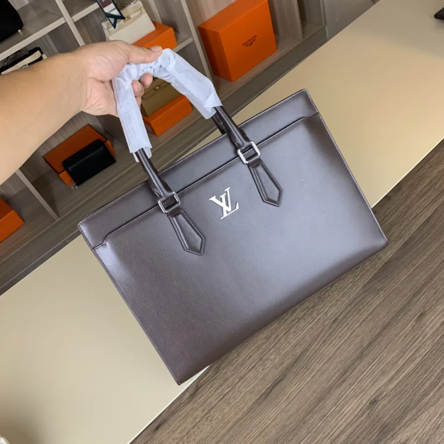 LV Premium Grained Calfskin Briefcase with Lock 2023 Trendy Design