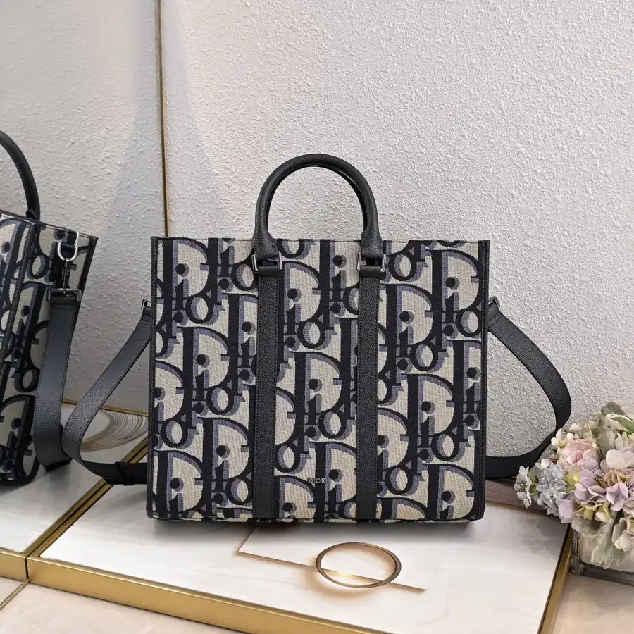 Dior Oblique Print Handbag with Grained Calfskin Details