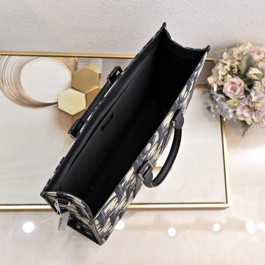 Dior Oblique Print Handbag with Grained Calfskin Details