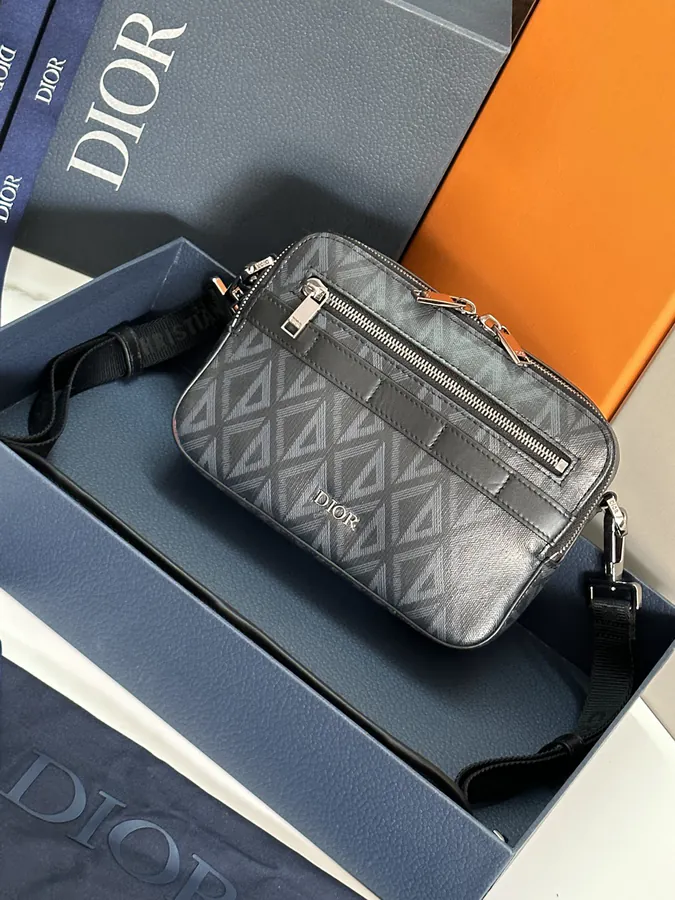 Safari Messenger Bag Gray Grained Calfskin & Canvas Marc Bohan Design