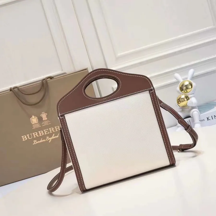 B Collection Tote Bag with Double Color Canvas and Leather Details