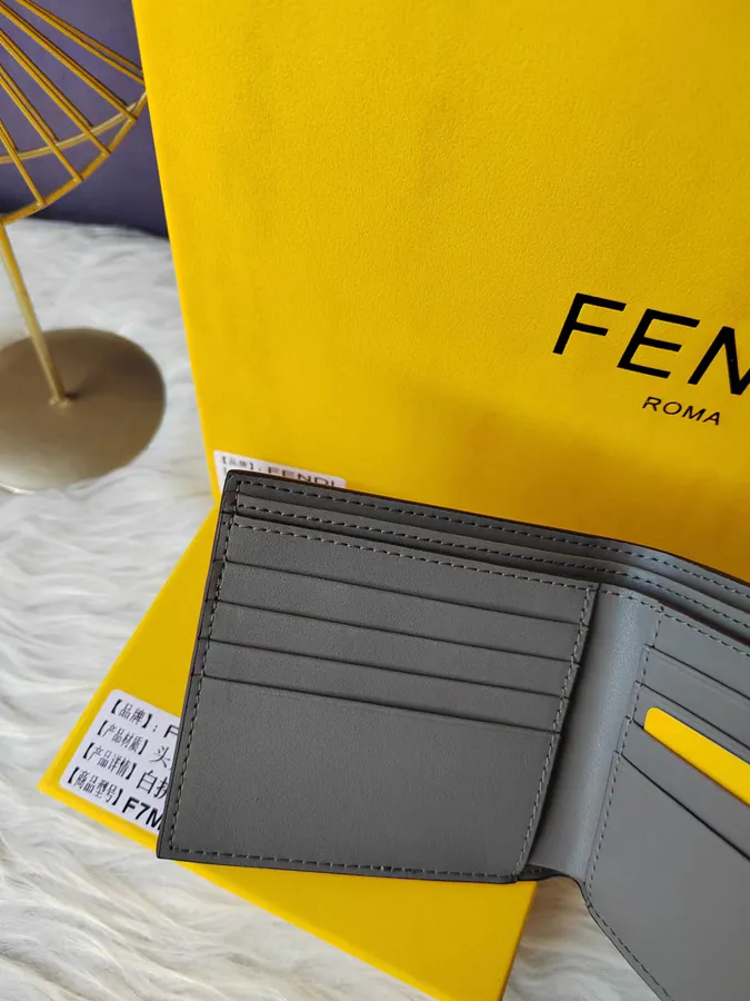 FF Men's Wallet with Eight Card Slots and Two Check Pockets, Grained Calfskin