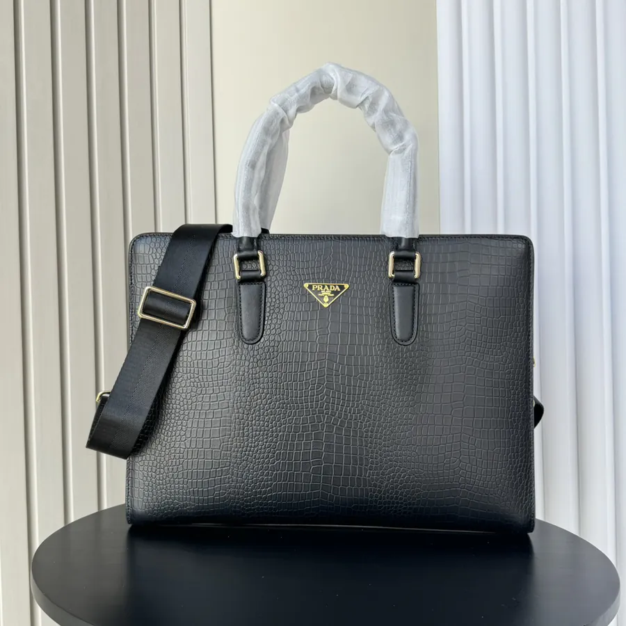 Prada Double Zip Briefcase Premium Leather, Elegant Design